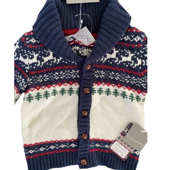 Tahari Unisex Christmas Reindeer Cardigan Sweater and Matching Hat NWT Size 12M - Picture 2 of 6